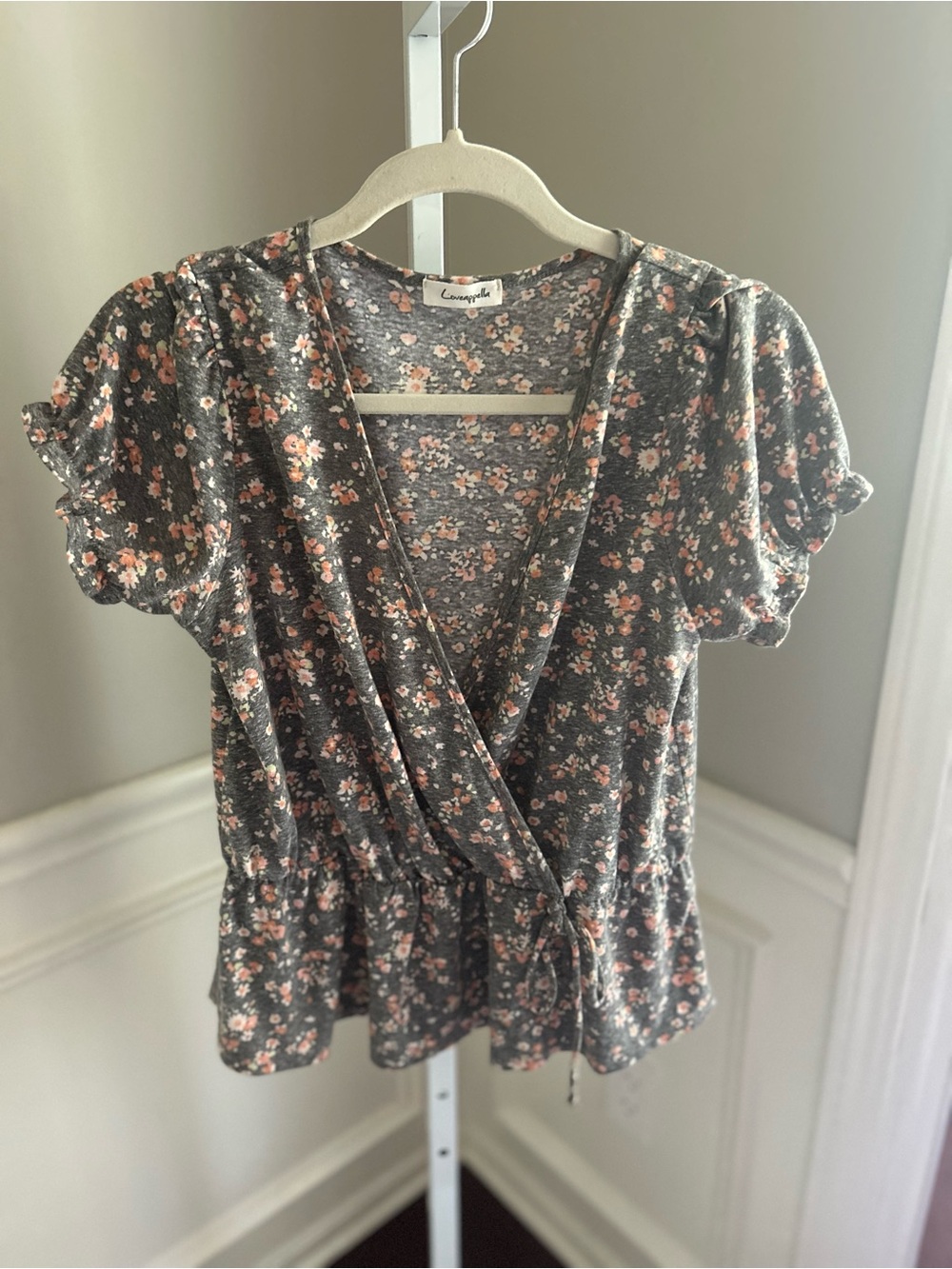 Loveappella Charcoal Gray Floral Wrap Peplum Top - Pink & Cream Flowers